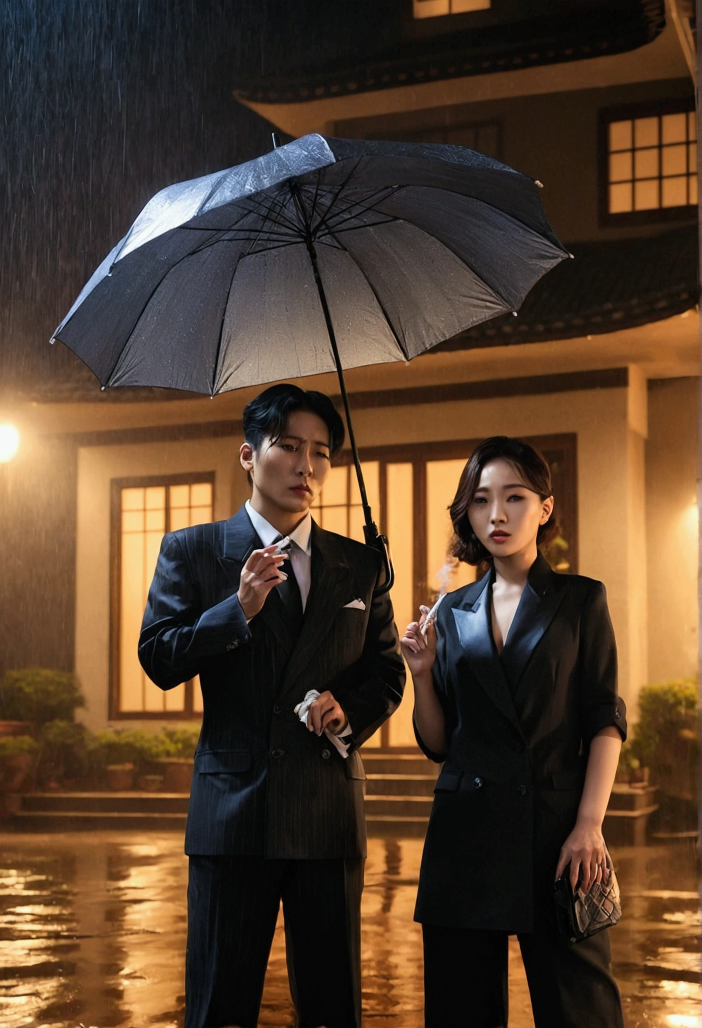 A korean mafia women standing in front of her huge mansion smoking ciggrates and her assitant is holding the umbrella in a rainy night