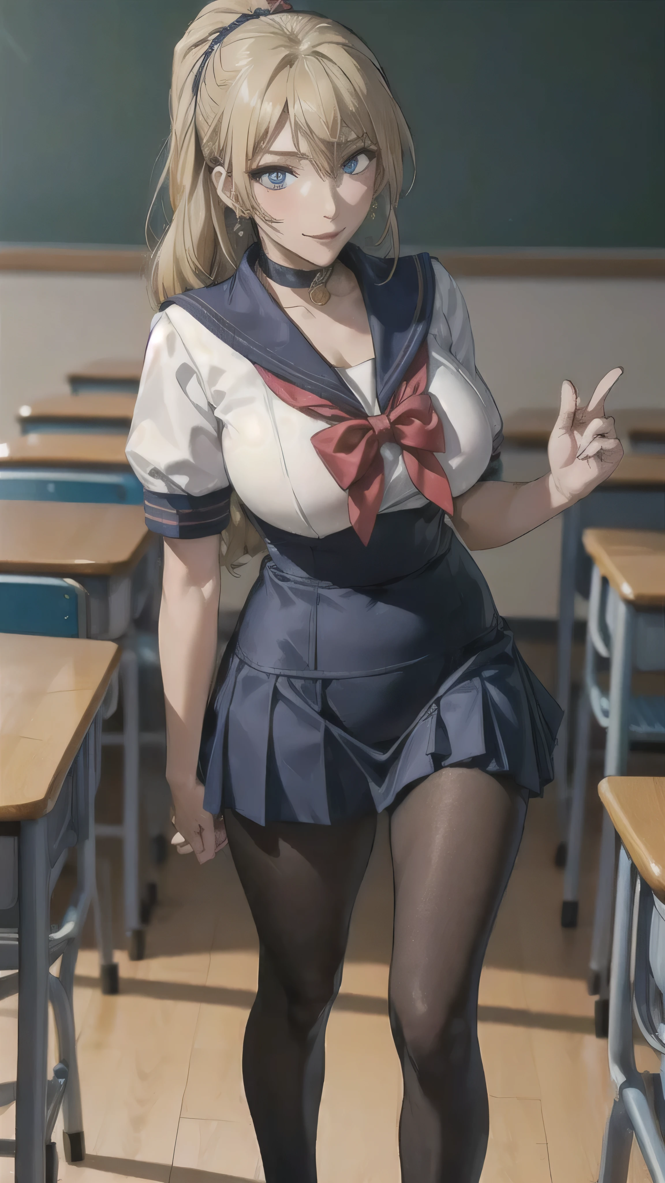 ((high school girl)),((school uniform)),((White blouse)),(((Pleated mini skirt))), ((A shy smile)),((Beautiful feet)),((Beautiful legs)),Ultra-high resolution, Mature Woman, Mature Woman, Very detailed, ((Big Breasts)), Perfect hands, Detailed fingers, Beautiful details, (((Sailor suit))),((Long blonde hair)),((ponytail)),Black choker, Earrings,loafers,(Black Pantyhose), (Black Stockings),Perfect Eyes, Seductive eyes, School classroom,Standing in front of the pulpit