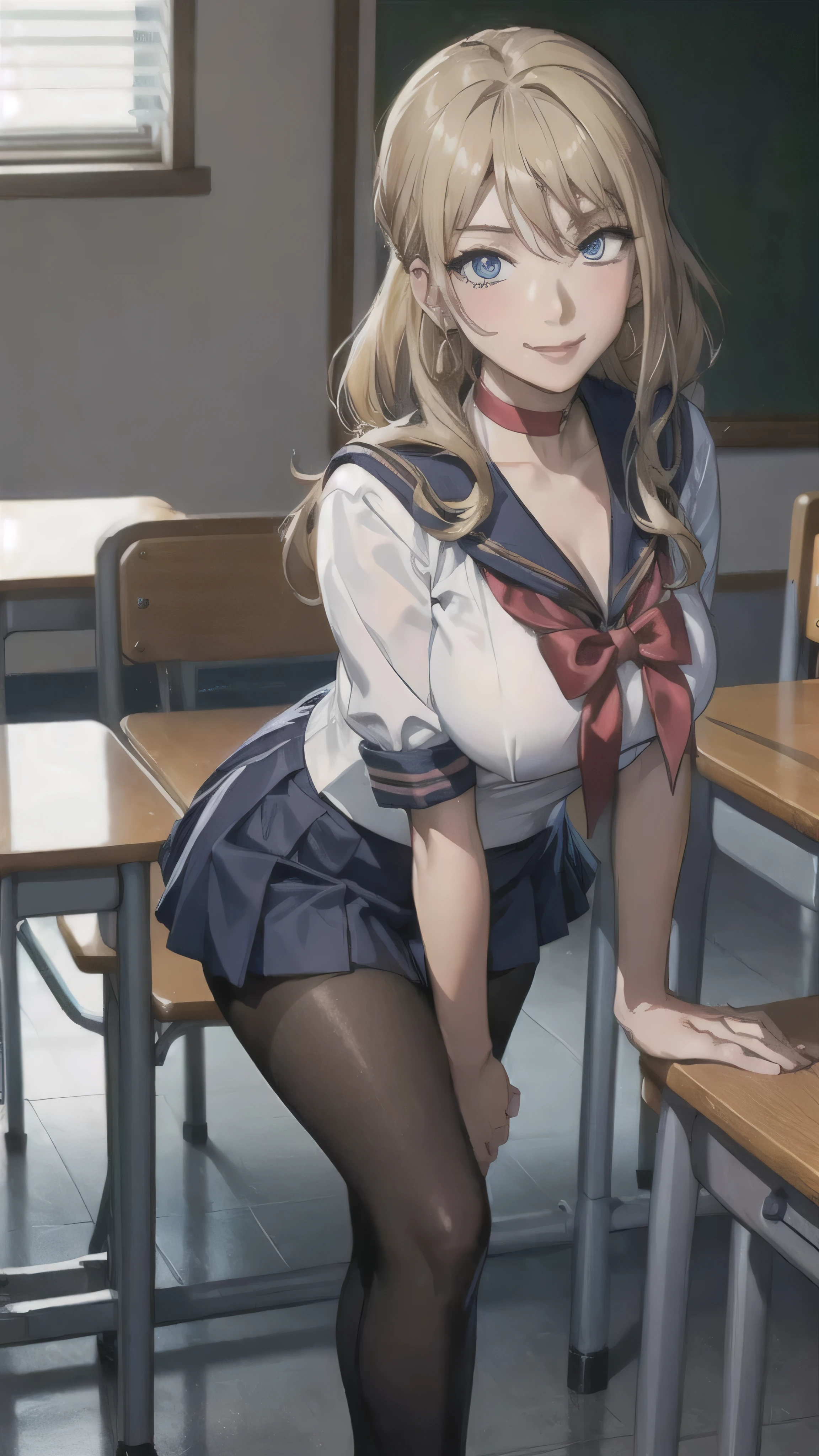 ((high school girl)),((school uniform)),((White blouse)),(((Pleated mini skirt))), ((A shy smile)),((Beautiful feet)),((Beautiful legs)),Ultra-high resolution, Mature Woman, Mature Woman, Very detailed, ((Big Breasts)), Perfect hands, Detailed fingers, Beautiful details, (((Sailor suit))),((Long blonde hair)),((ponytail)),Black choker, Earrings,loafers,(Black Pantyhose), (Black Stockings),Perfect Eyes, Seductive eyes, School classroom,Standing in front of the pulpit
