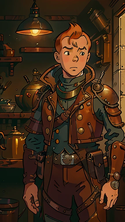 (Teens:1male: Tintin), (extremely detailed CG unit 8k wallpaper),(master part), (best quality), (ultra detail), (best illustration),(SteampunkAI), cowboy shot, (Sharp eyeliner, ombre, detailed eyes:1), dark steampunk indoors background, ,break , (ghibli style), upper body, very short hair,orange hair