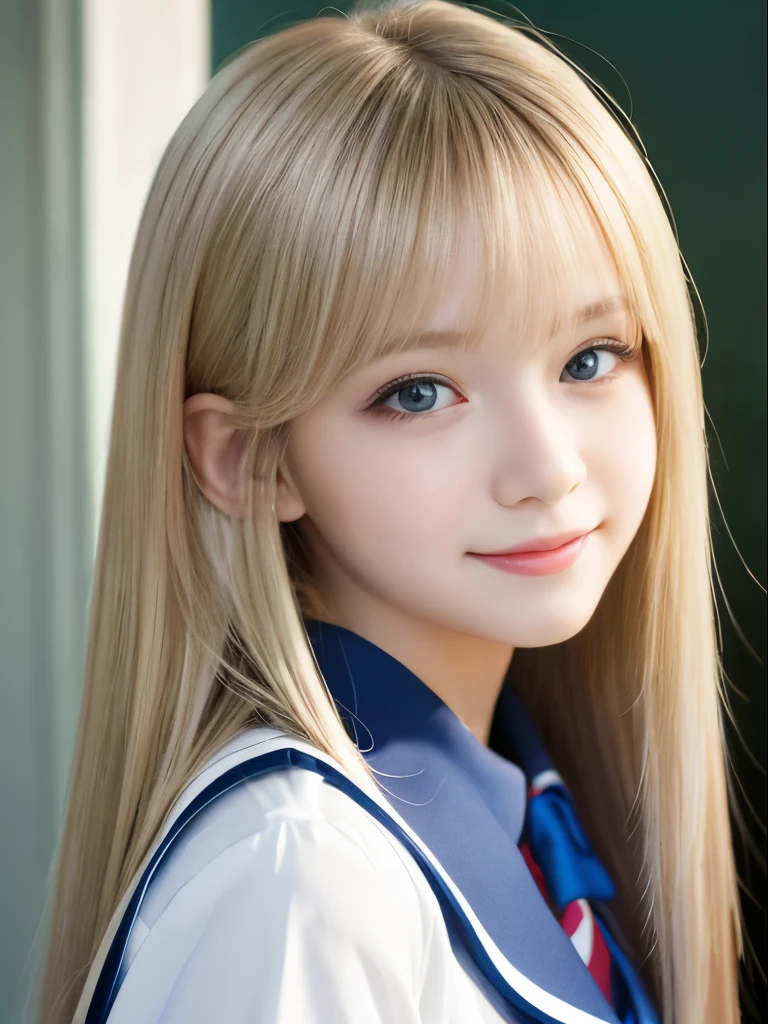 Portrait、School uniforms、Bright expression、Younger, brighter, whiter skin、Best Looks、Blonde reflection、Platinum blonde hair with dazzling highlights、Shiny bright hair,、Super long, silky straight hair、Shiny beautiful bangs、Sparkling, clear, attractive big blue eyes、A very beautiful, lovely and cute 16 year old girl、Ample breasts、