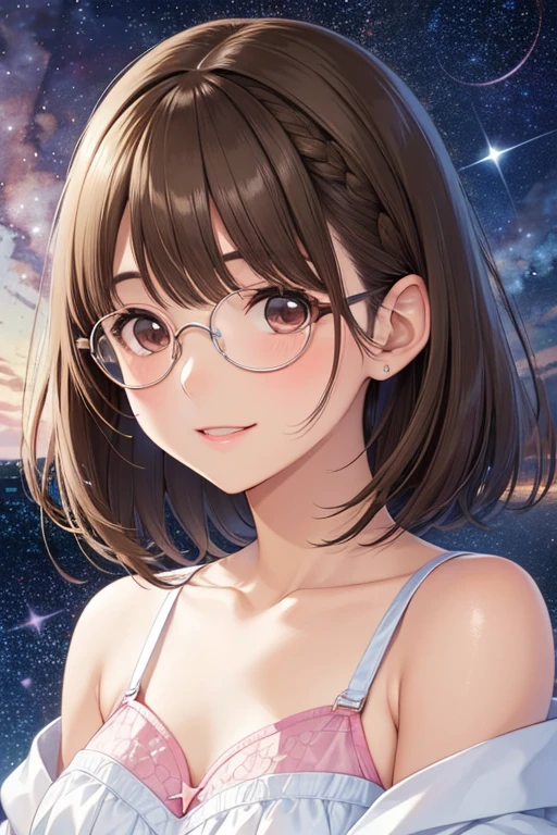 anegasaki nene、Shiny brown hair, short hair, (Beautiful brown eyes、Sparkling eyes, Fine grain)、smile、Super detailedな目、Highly detailed face, Highly detailed eyes,


超High resolution, Superior Quality, Highest quality, Super detailed, Realistic, 8k, RAW Photos, Highest quality, masterpiece, Attractive girl, A wonderful girl, 

masterpiece、High resolution、High resolution、High resolution、1 female、(Woman close up)、((Depiction of only the upper body))、((Brown Hair、Random Hairstyles))、((Round frame glasses))、Pink Lip Gloss、Cute Summer Clothes、優しいsmile、Smiling with teeth showing、((Starry Sky))、