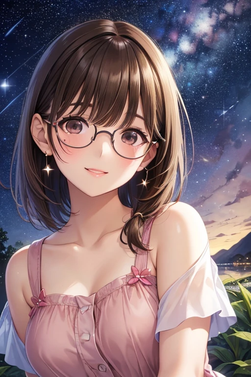 anegasaki nene、Shiny brown hair, short hair, (Beautiful brown eyes、Sparkling eyes, Fine grain)、smile、Super detailedな目、Highly detailed face, Highly detailed eyes,


超High resolution, Superior Quality, Highest quality, Super detailed, Realistic, 8k, RAW Photos, Highest quality, masterpiece, Attractive girl, A wonderful girl, 

masterpiece、High resolution、High resolution、High resolution、1 female、(Woman close up)、((Depiction of only the upper body))、((Brown Hair、Random Hairstyles))、((Round frame glasses))、Pink Lip Gloss、Cute Summer Clothes、優しいsmile、Smiling with teeth showing、((Starry Sky))、