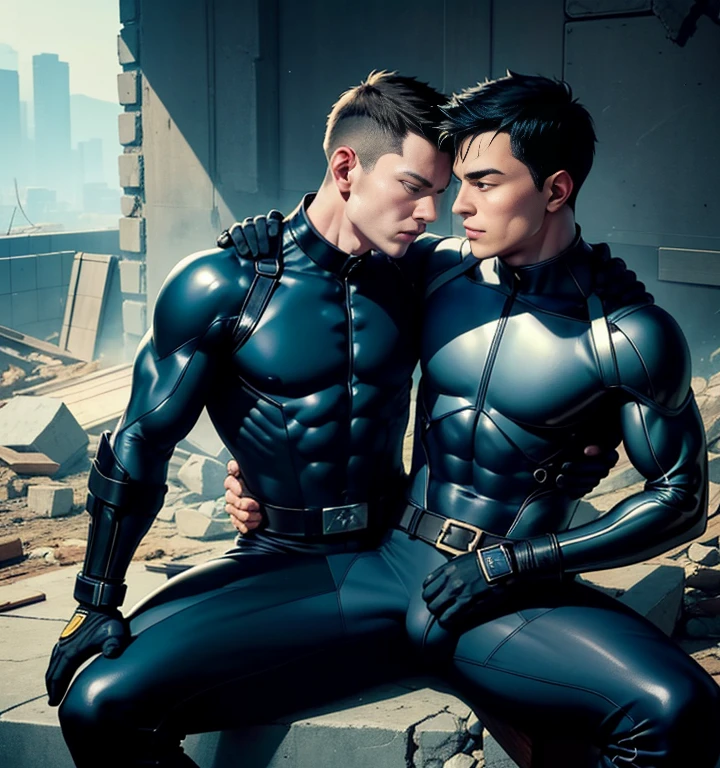 30 years old,Two Men,、logic肉質、Black bodysuit、Shocker Belt、Combatant、On the rubble。Embracing each other and sitting down、Deep Kiss、Grab your crotch、、logic,Gay ,Very short hair。The crotch area of the pants is bulging、Stubble、