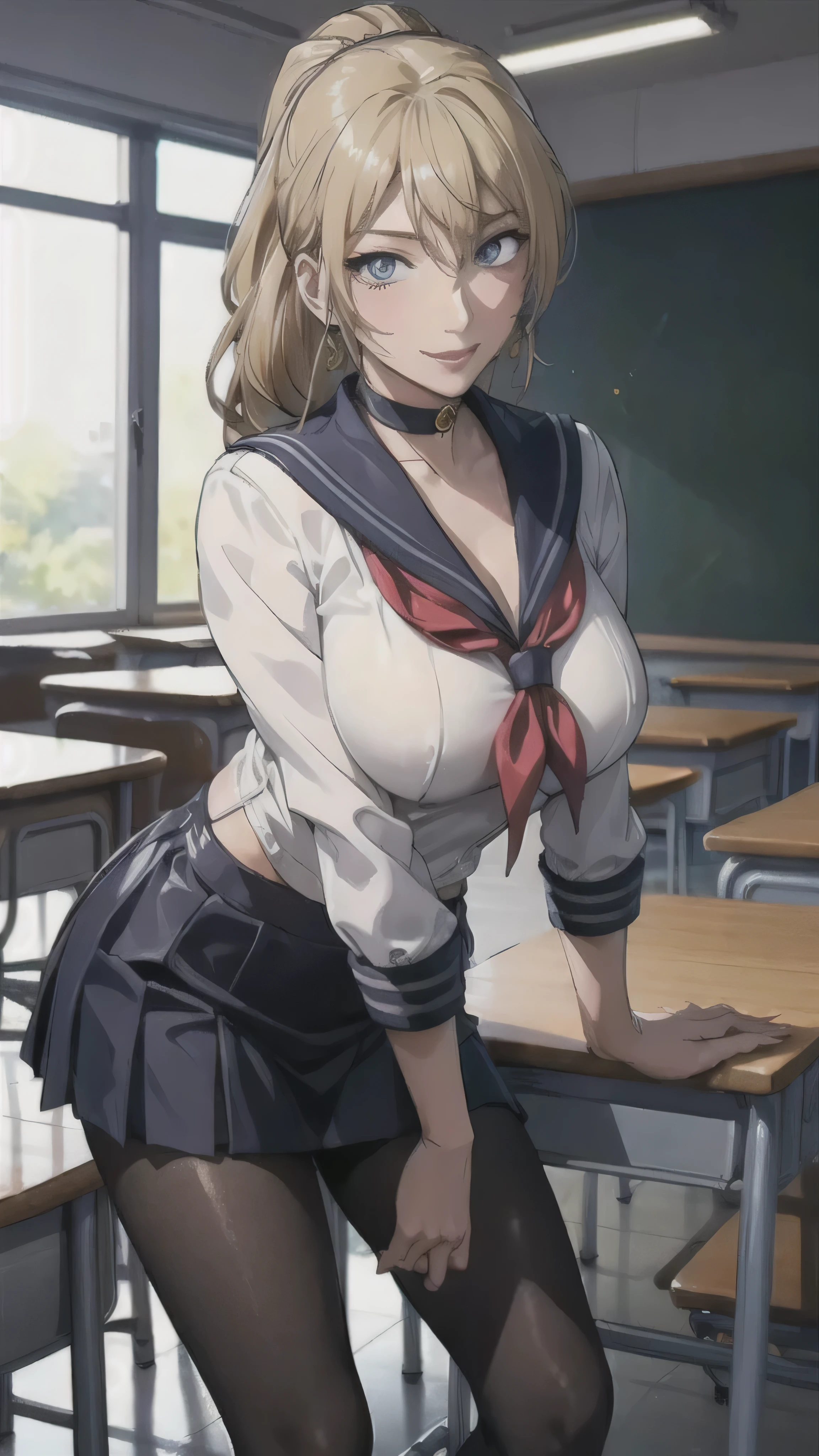 ((high school girl)),((school uniform)),((White blouse)),(((Pleated mini skirt))), ((A shy smile)),((Beautiful feet)),((Beautiful legs)),Ultra-high resolution, Mature Woman, Mature Woman, Very detailed, ((Big Breasts)), Perfect hands, Detailed fingers, Beautiful details, (((Sailor suit))),((Long blonde hair)),((ponytail)),Black choker, Earrings,loafers,(Black Pantyhose), (Black Stockings),Perfect Eyes, Seductive eyes, School classroom,Standing in front of the pulpit