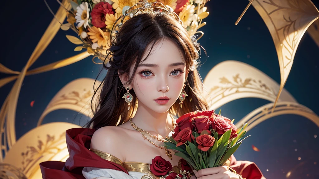 32K, 最高quality, 最高masterpiece, (ultra-Detailed Background, Detailed Background), High resolution, Super detailed, Very detailedな, One girl, (bouquet:1.3), (Tangled:1.2), (Geometric:1.2),(colorful),(masterpiece, quality, best quality, Official Art, Beautiful and beautiful:1.2), (1 girl:1.3), Very detailed,(colorful:1.1)(Flowers:1.3),Most detailed,(Tangled:1.2), whole body, (Abstract background:1.3), (Skin glows), (Many colors:1.4), ,(Earrings Jewelry:1.5), Pale Red Background,