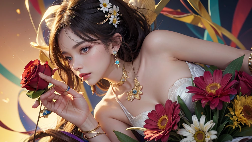 32K, 最高quality, 最高masterpiece, (ultra-Detailed Background, Detailed Background), High resolution, Super detailed, Very detailedな, One girl, (bouquet:1.3), (Tangled:1.2), (Geometric:1.2),(colorful),(masterpiece, quality, best quality, Official Art, Beautiful and beautiful:1.2), (1 girl:1.3), Very detailed,(colorful:1.1)(Flowers:1.3),Most detailed,(Tangled:1.2), whole body, (Abstract background:1.3), (Skin glows), (Many colors:1.4), ,(Earrings Jewelry:1.5), Pale Red Background,