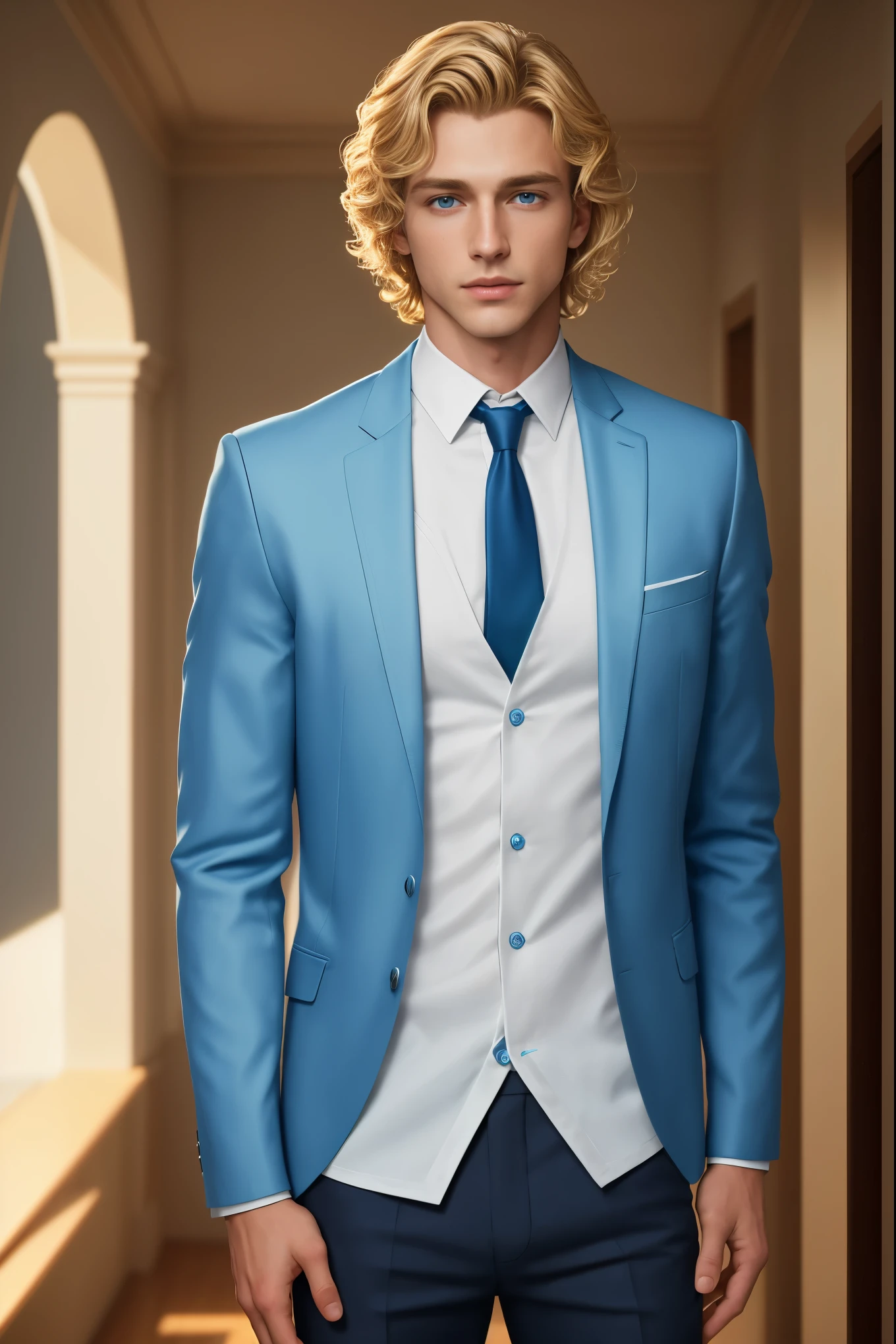 Masterpiece, Young Handsome Boy has short blonde hair, blonde hair, wavy hair, sky blue eyes, totally-clean-shave, 1boy, College Student, AS-Adult, he wears a fuchsia jacket with tie and pants, sky blue eyes, symmetrical face.  wavy-hair, totally-clean-shave (Best Illustration), (beautiful-detailed eyes), (Best Quality Face, Fingers), Symmetrical, smooth, sharp focus, illustration, realistic, artstation, award winning photography, octane render, cinematic lighting from the right, hyper realism, octane render, 8k, depth of field, 3D. He has both hands in his pockets. He looks at the viewer. Full Figure. Background a castle