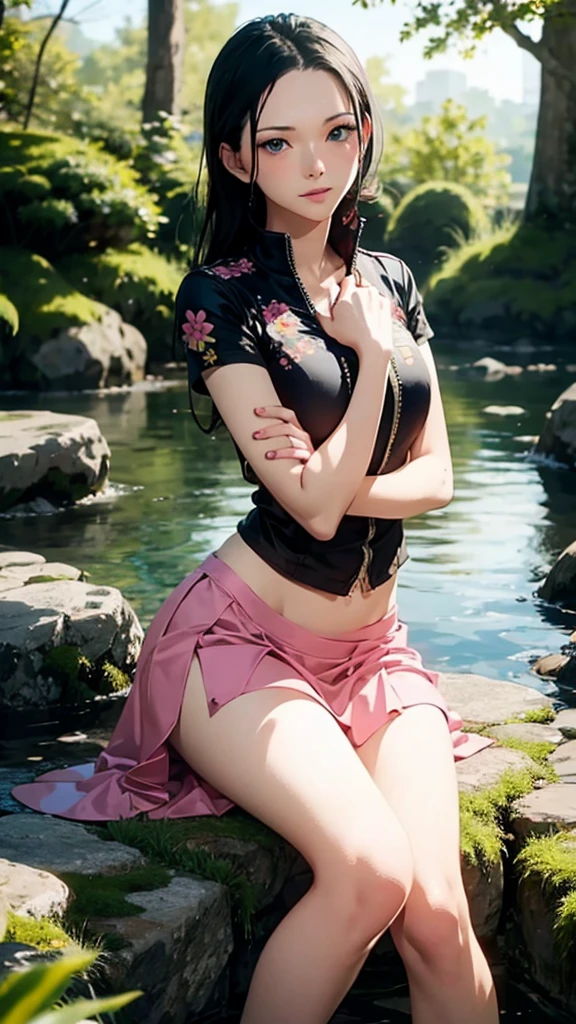 Masterpiece,1 girl, Nico robin,beautiful face, sitting on lake, stones, beautiful trees, beautiful pink petals, wearing salong skirt,blue jacket,gold ornaments, bracelets,black long hairs, beautiful blue eyes, smiling happily, 