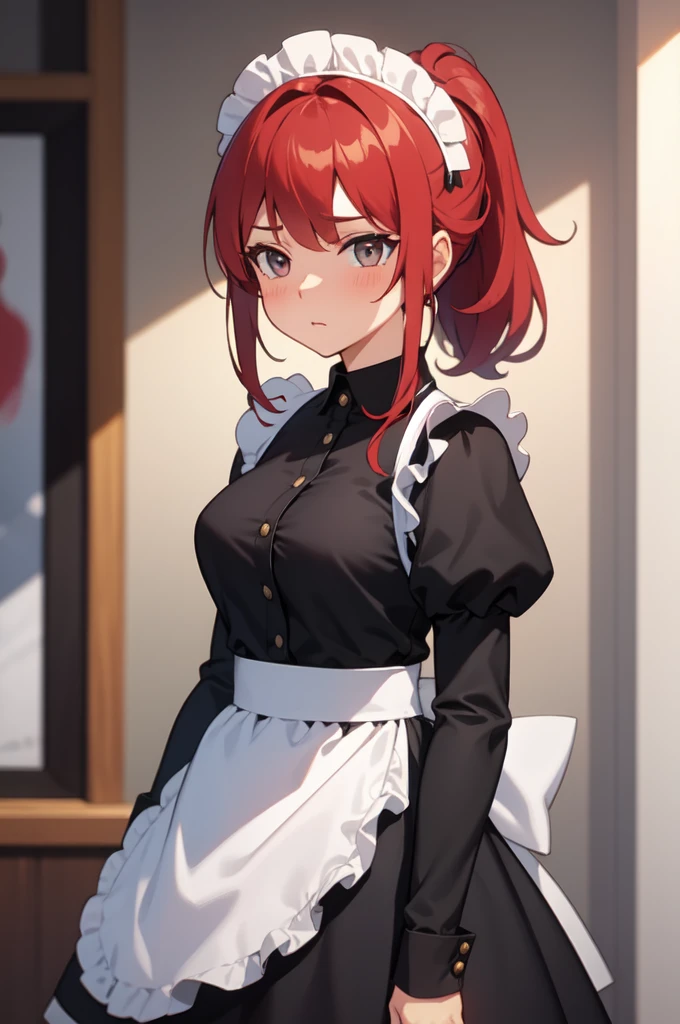 1 girl, maid suit, big , big ass, red hair, red eyes, brown skin