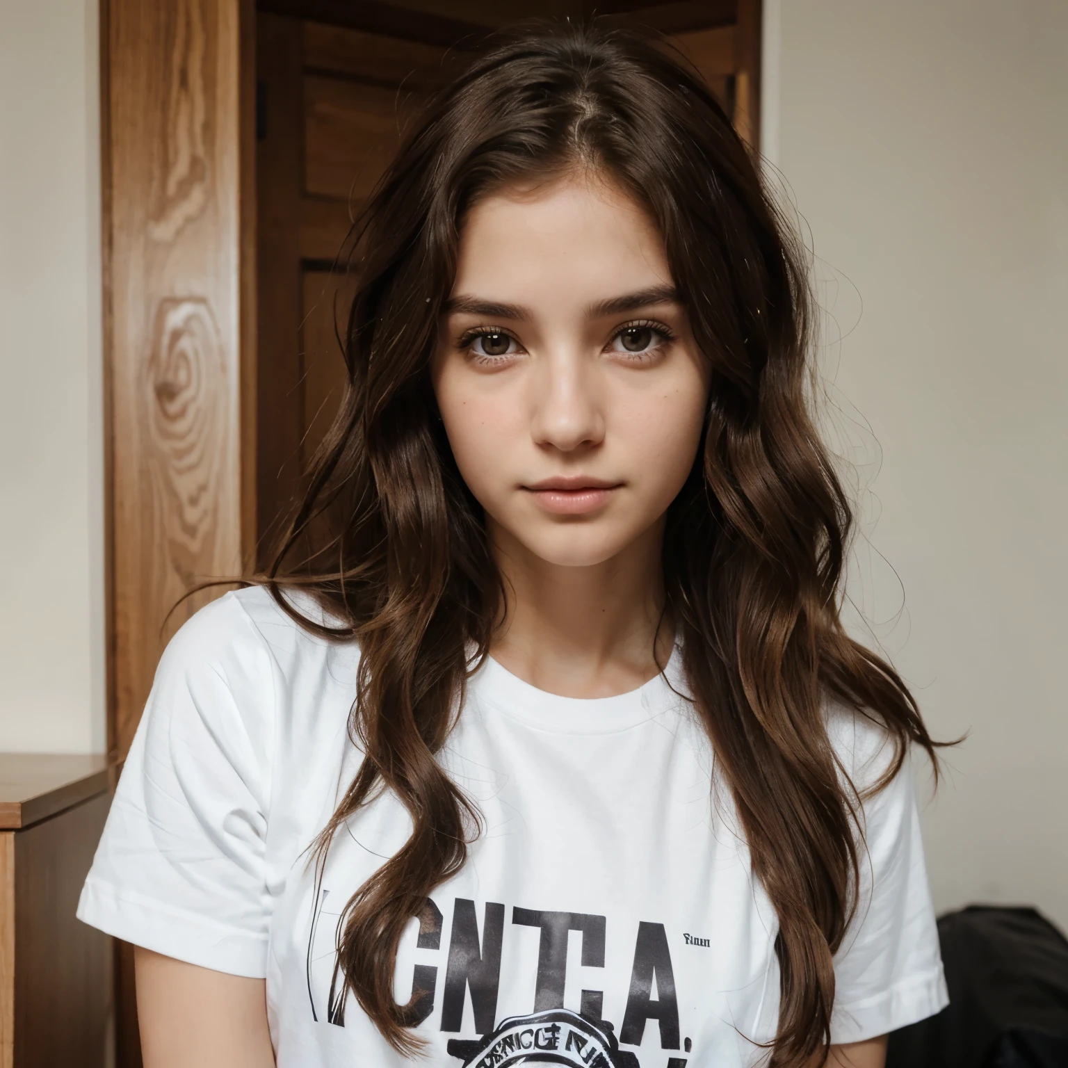 white skin girl with T Shirt and Wavy Hair Brown And Brown Eyes