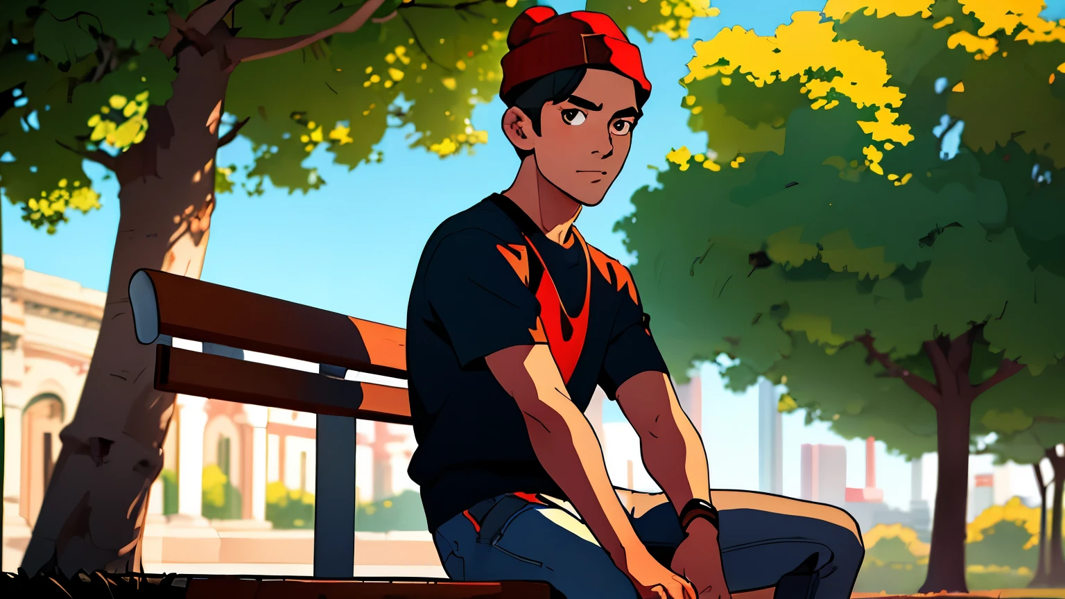 masterpiece, best quality, 1 guy, the highest image quality, 21-year-old skinny indian man, looks like Tom Hiddleston, brown hair, brown eyes, brown skin, wearing a red beanie, loose blue t-shirt and dark jeans, White background, empty background, t0mh1, wide shot of him sitting on a park bench
