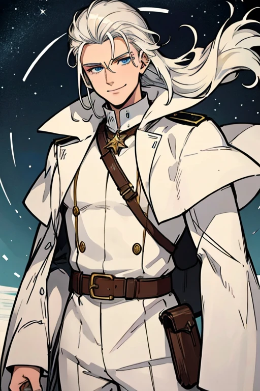 Perfect face. Perfect hands. A young white haired man with blue eyes and long hair in a white sheriff's uniform is watching the stars in a wild west town  with a big smile