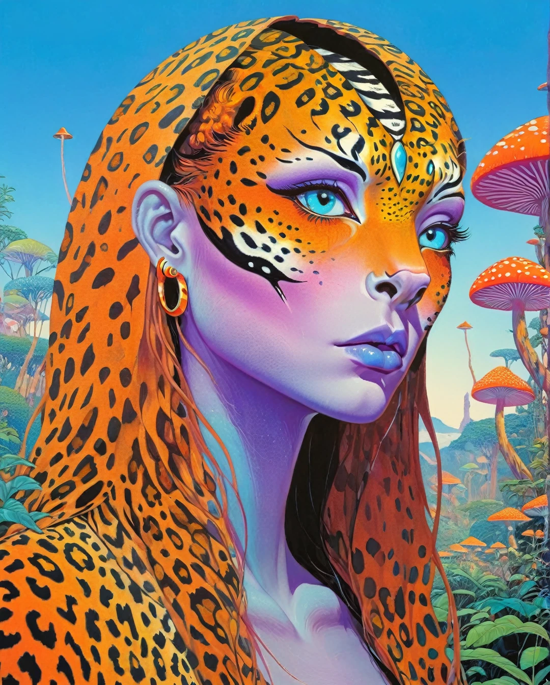 An orange leopard like creature, leopard spots with zebra stripes on its face, pale blue eyes, it wears a desert cape, fr4z3tt4 ,more detail XL,art by sargent, Moebius (Jean Giraud) Style - A picture by Jean Giraud Moebius, ((masterpiece)), ((best quality)), (masterpiece, highest quality), (masterpiece), (masterpiece, best quality),futuristic style A beautiful illustration of the mathematics of a tattooed alien, digital art, rainbow colors, very detailed face, magical mushroom forest in the background .sleek, modern, ultramodern, high tech, detailed, blacklight makeup PsyAI, Psychedelic, Visionary art, DMT, LSD style by Moebius

