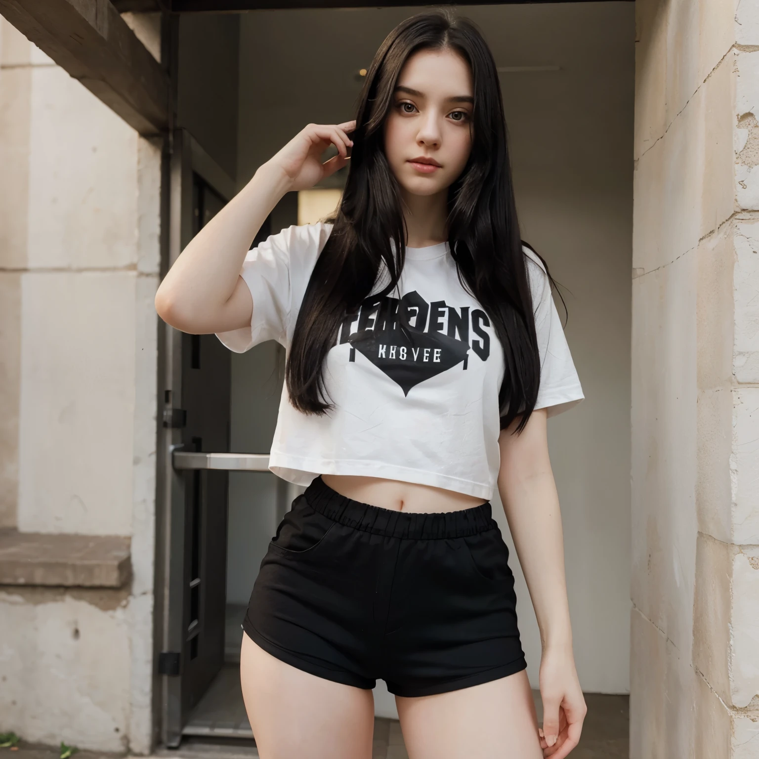 Pale Girl with Black Shorts and Straight Hair and Black Hair and Brown Eyes
