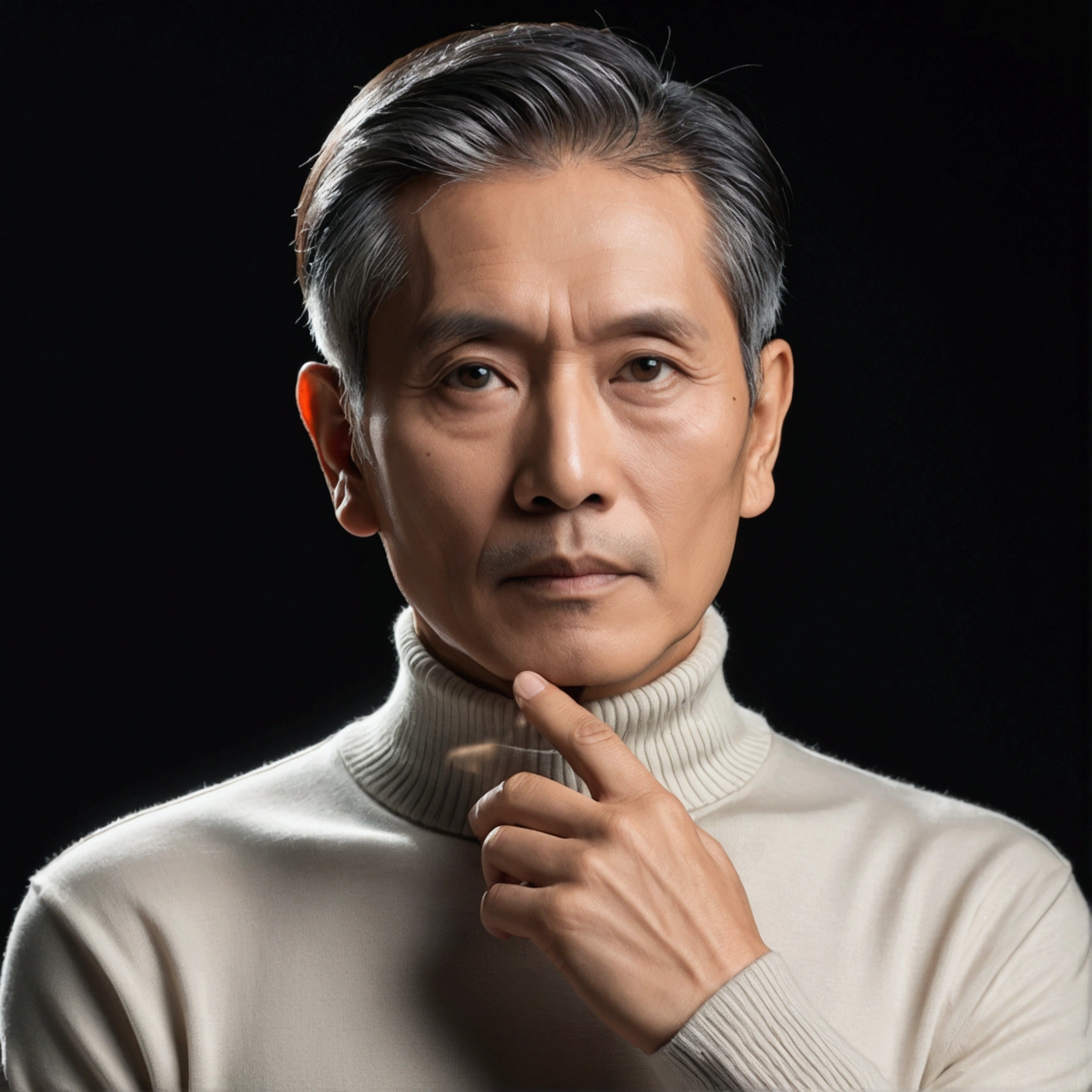 sixty years man, Indonesian face, thirty degrees left view, one hand touch the chin, 8k, stylish-elegant haircut, black silver hair, ivory turtleneck t-shirt, solid dark background, extremely detailed, dimmed backlight, starring to camera, front view, eyes on camera