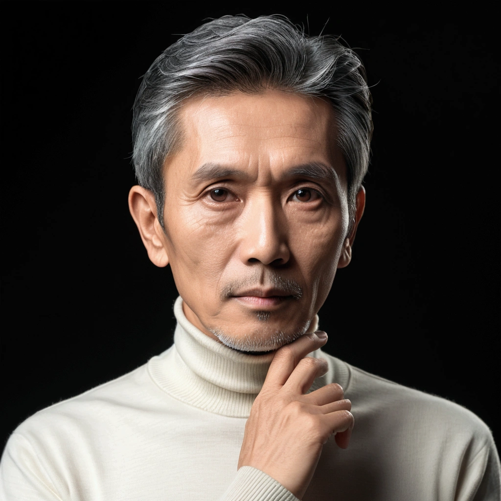 sixty years man, Indonesian face, thirty degrees left view, one hand touch the chin, 8k, stylish-elegant haircut, black silver hair, ivory turtleneck t-shirt, solid dark background, extremely detailed, dimmed backlight, starring to camera, front view, eyes on camera