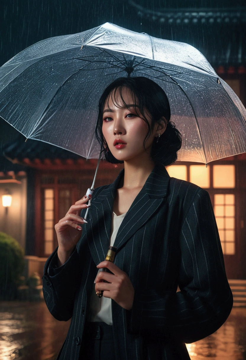 a korean mafia woman standing in front of a huge mansion, smoking cigarettes, her assistant holding an umbrella on a rainy night, anime style, detailed facial features, beautiful eyes and lips, cinematic lighting, moody atmosphere, dramatic shadows, vibrant colors, intricate details 8k, masterpiece, (best quality:1.2)