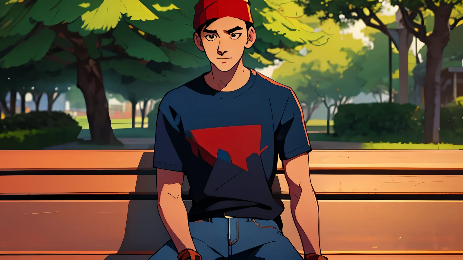 masterpiece, best quality, 1 guy, the highest image quality, 21-year-old skinny indian man, looks like Tom Hiddleston, brown hair, brown eyes, brown skin, wearing a red beanie, loose blue t-shirt and dark jeans, White background, empty background, t0mh1, wide shot of him sitting on a park bench