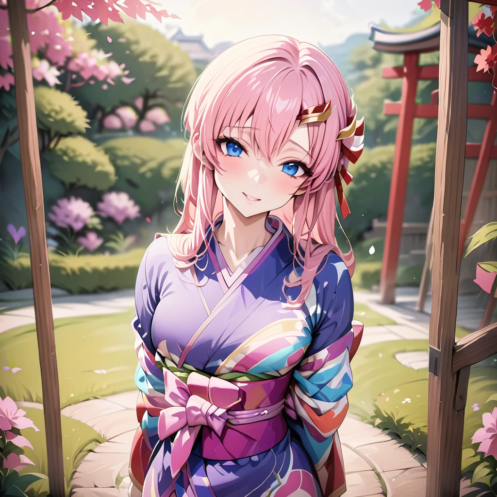 ((Highest quality)), ((masterpiece)), (detailed), (Perfect Face)、The Japanese princess is Lacus Clyne, with blue eyes, pink hair that is tied up and a hairpin, and she is wearing a gorgeous, gorgeous, and colorfully patterned Japanese kimono.、The woman is in a Japanese garden