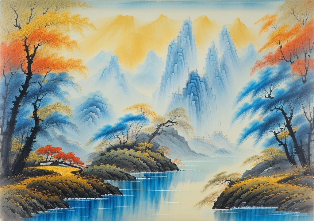 huaniao，best quality,nobody,landscape painting，Blue tint