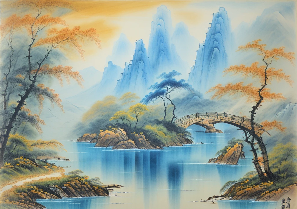 huaniao,best quality,nobody,landscape painting,Blue tint
