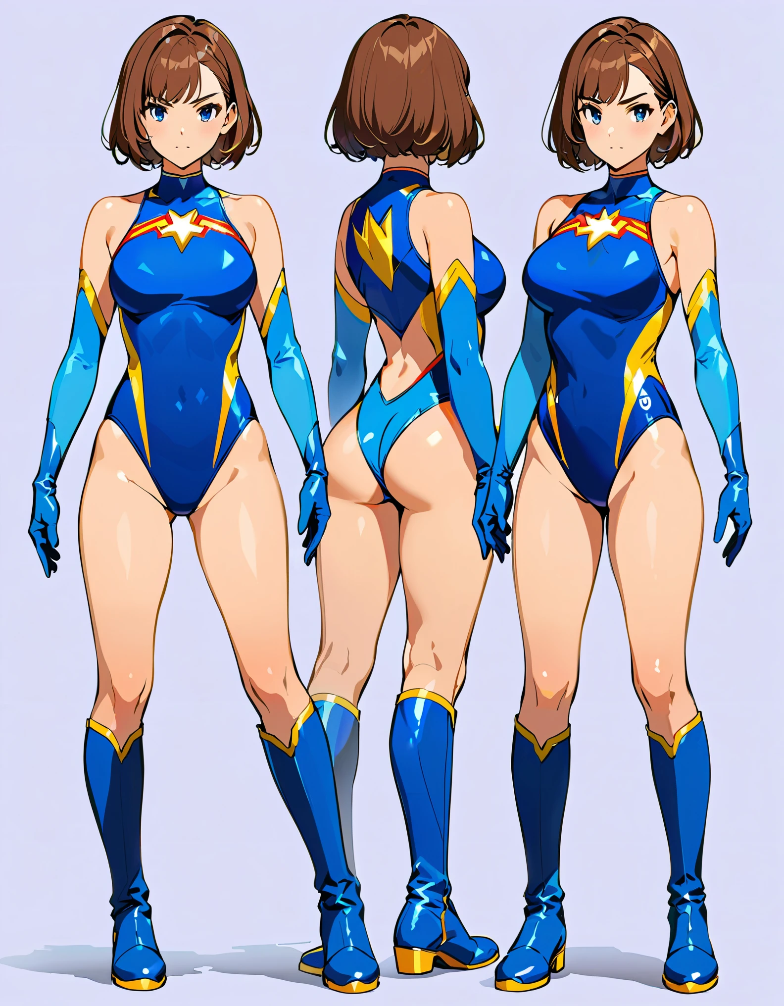 (masterpiece), (best quality), (high res), highly detailed, professional, 1girl, tall body, wonder, superhero, blue choker, blue eyes, blue footwear, blue gloves, matching boots, (blue leotard, competition swimsuit, elastic sleeves), medium breasts, brown hair, knee boots, short hair, bob hair, solo, determined, full body, college-age female, full body costume design. Simple background, Multiple Views, Character Sheet Full-Length.