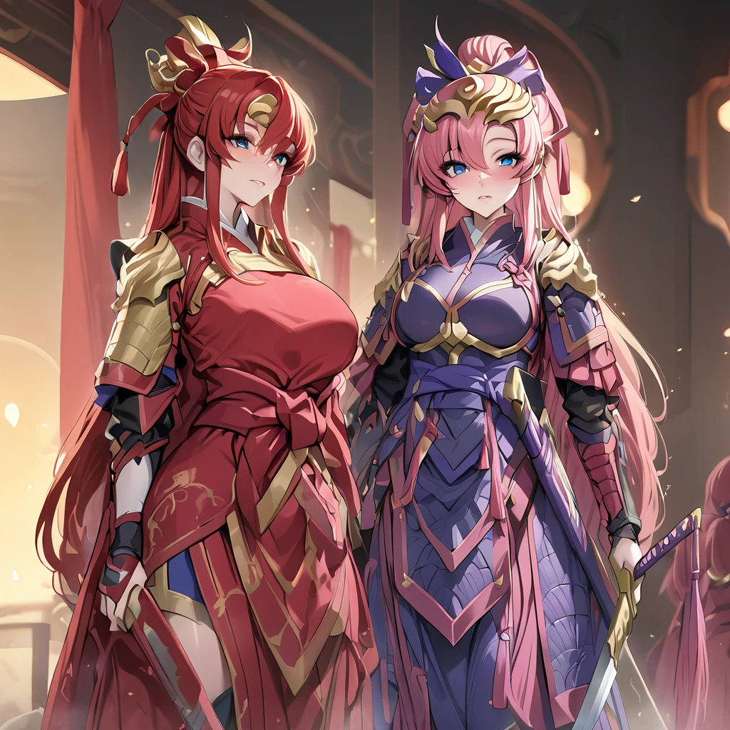 ((Highest quality)), ((masterpiece)), (detailed), (Perfect Face)、The female ancient Chinese warrior is Lacus Clyne, with blue eyes, pink semi-long hair, and is wearing luxurious ancient Chinese warrior equipment, a sword, and a luxurious headdress.、A beautiful female warrior who served the emperor faithfully in the palace of ancient China、Women respect and obey the emperor.