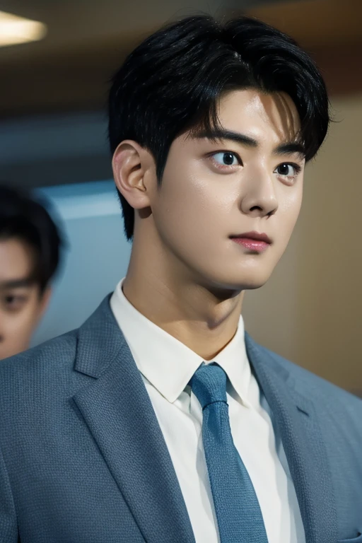 masterpiece, masterpiece_portrait, separate, separate_video, High_solve, Highres, High_quality_japanese cartoon movies, High_quality, hyper_Detail, finely_Detailed,4K, men, Cha Eunwoo, man in suit, light blue suit,