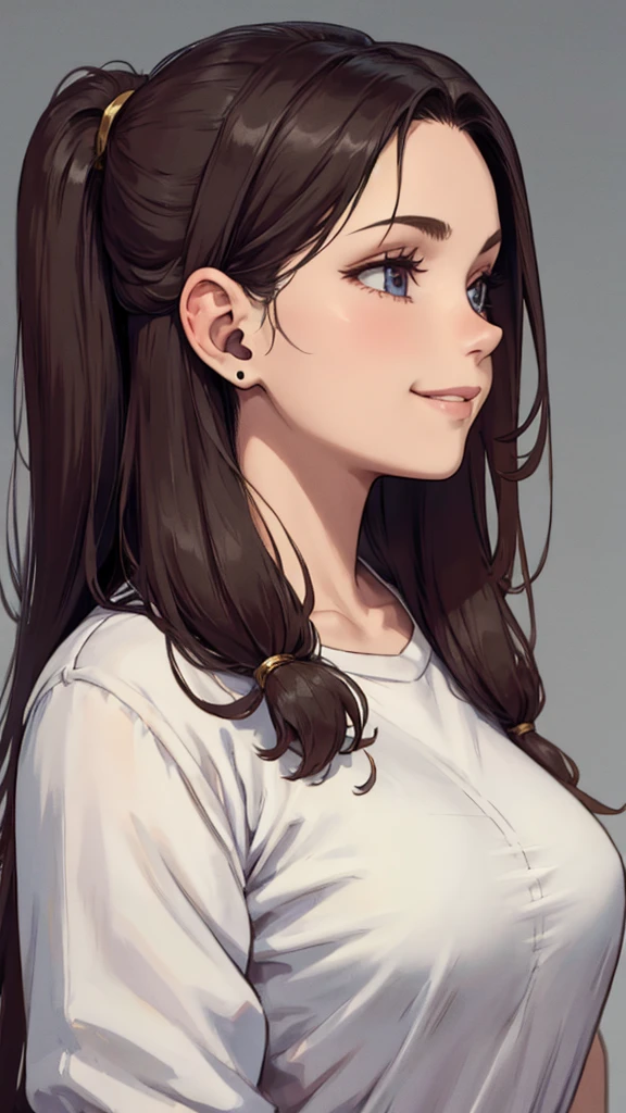One girl, Long Hair, profile, Simple Background, live-action、smile, Droopy eyes、Half-up hairstyle, earphone, 
