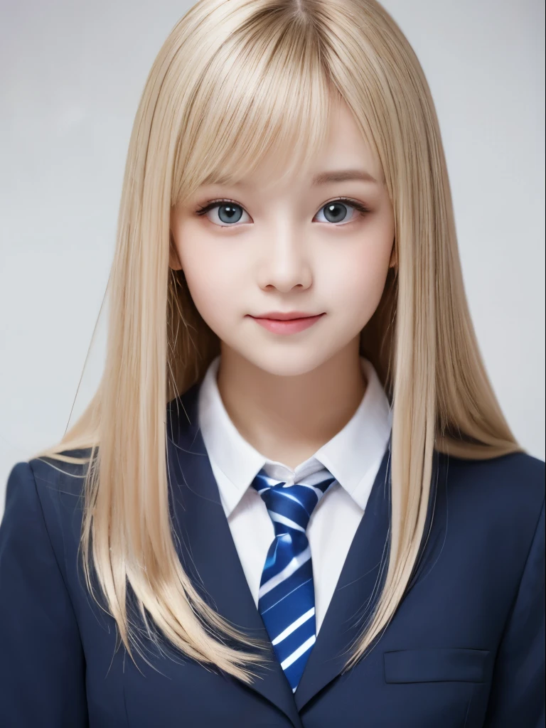 Portrait、School uniforms、Bright expression、Younger, brighter, whiter skin、Best Looks、Blonde reflection、Platinum blonde hair with dazzling highlights、Shiny bright hair,、Super long, silky straight hair、Shiny beautiful bangs、Sparkling, clear, attractive big blue eyes、A very beautiful, lovely and cute 16 year old girl、Ample breasts、