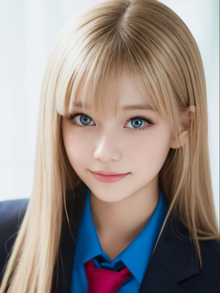 Portrait、School uniforms、Bright expression、Younger, brighter, whiter skin、Best Looks、Blonde reflection、Platinum blonde hair with dazzling highlights、Shiny bright hair,、Super long, silky straight hair、Shiny beautiful bangs、Sparkling, clear, attractive big blue eyes、A very beautiful, lovely and cute 16 year old girl、Ample breasts、