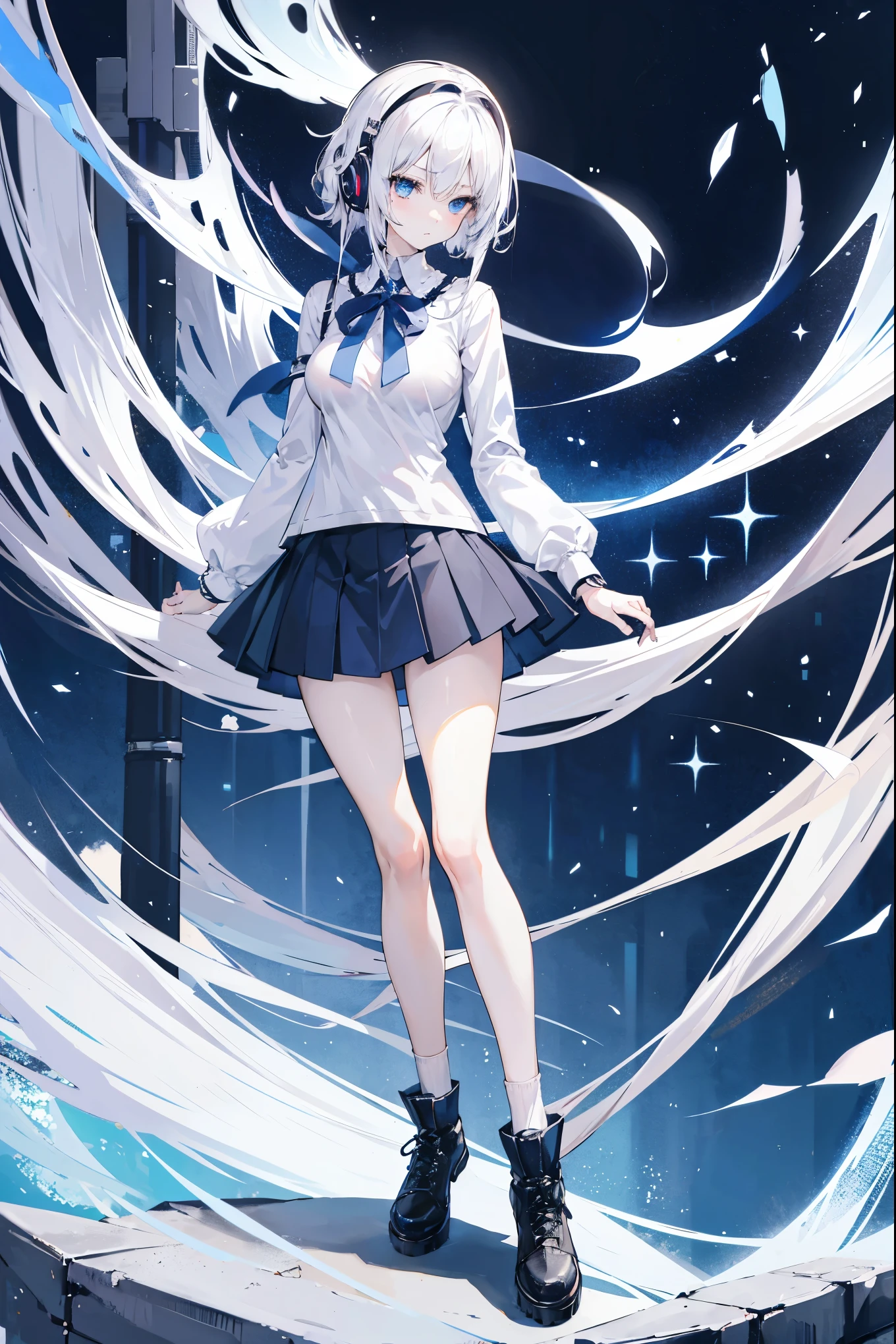 "anime girl, 1 person, silver white hair, shoulder length hair, wearing headphones, dark blue eyes, women's shirt, dark blue skirt, short skirt, long socks, black socks, big breasts, shy face, full body, solo, viewed from many different angles, high quality images