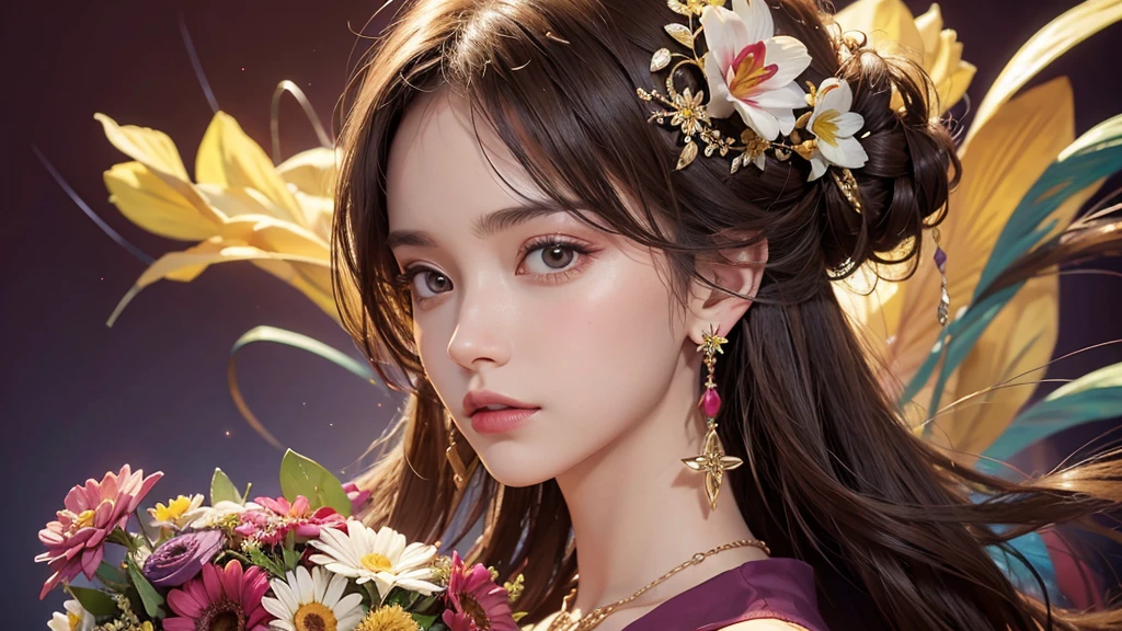 32K, 最高quality, 最高masterpiece, (ultra-Detailed Background, Detailed Background), High resolution, Super detailed, Very detailedな, One girl, (bouquet:1.3), (Tangled:1.2), (Geometric:1.2),(colorful),(masterpiece, quality, best quality, Official Art, Beautiful and beautiful:1.2), (1 girl:1.3), Very detailed,(colorful:1.1)(Flowers:1.3),Most detailed,(Tangled:1.2), whole body, (Abstract background:1.3), (Skin glows), (Many colors:1.4), ,(Earrings Jewelry:1.5), Pale Red Background,