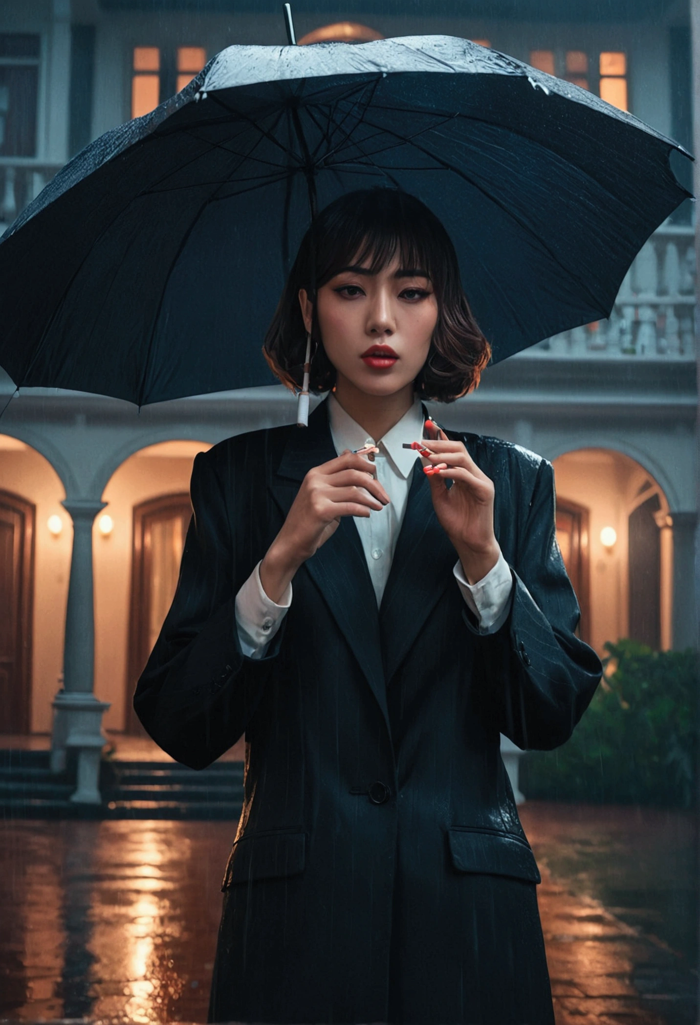 a mafia woman standing in front of a huge mansion, smoking cigarettes, her assistant holding an umbrella on a rainy night, anime style, detailed facial features, beautiful eyes and lips, cinematic lighting, moody atmosphere, dramatic shadows, vibrant colors, intricate details 8k, masterpiece, (best quality:1.2)