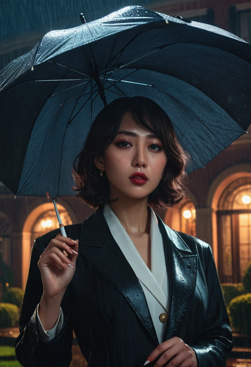a mafia woman standing in front of a huge mansion, smoking cigarettes, her assistant holding an umbrella on a rainy night, anime style, detailed facial features, beautiful eyes and lips, cinematic lighting, moody atmosphere, dramatic shadows, vibrant colors, intricate details 8k, masterpiece, (best quality:1.2)