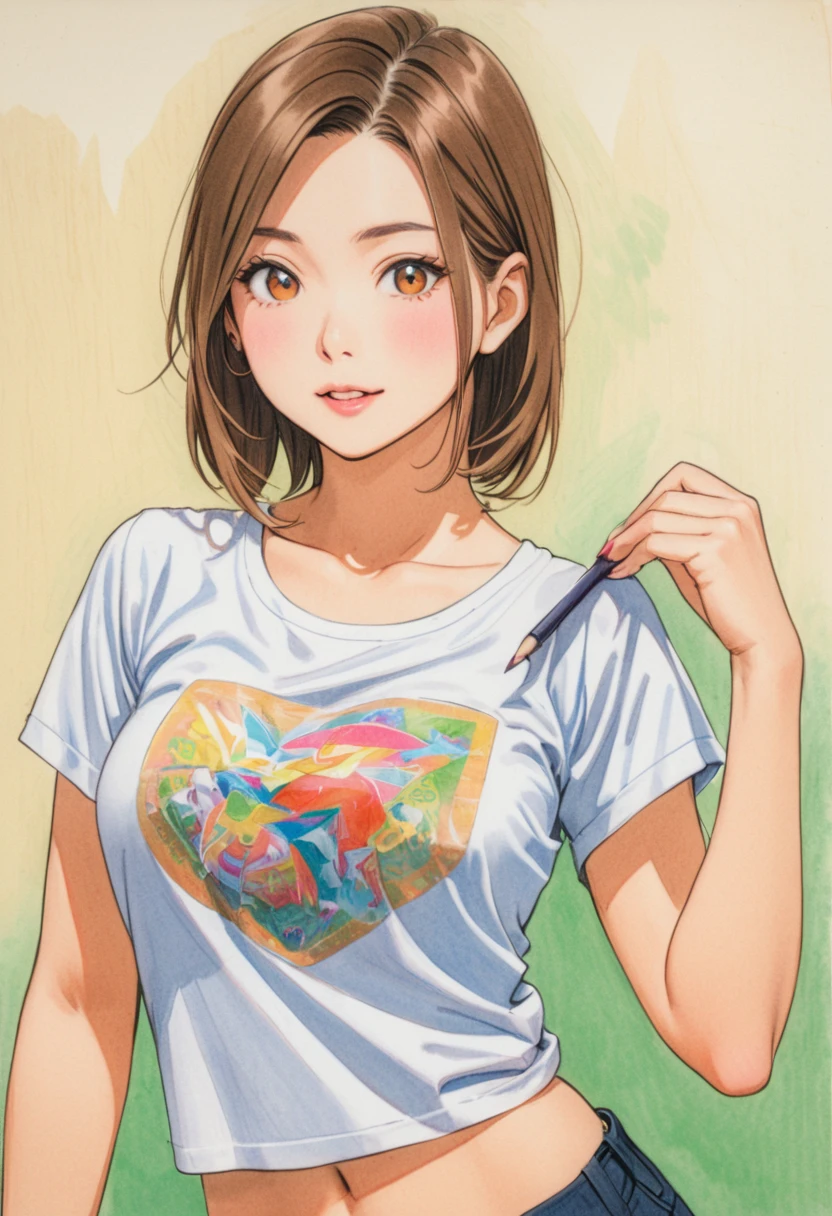 female,short t shirt,white,Art,ad,colour pencil drawing,draft drawing ,comic collage