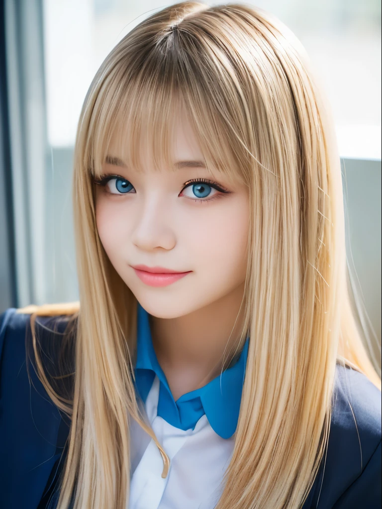 Portrait、School uniforms、Bright expression、Younger, brighter, whiter skin、Best Looks、Blonde reflection、Platinum blonde hair with dazzling highlights、Shiny bright hair,、Super long, silky straight hair、Shiny beautiful bangs、Sparkling, clear, attractive big blue eyes、A very beautiful, lovely and cute 16 year old girl、Ample breasts、