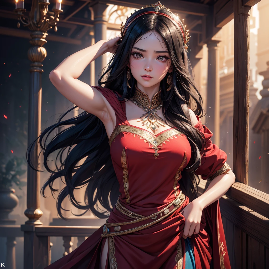 1 beautiful young uzbek princess, fitted red blouse and sharara, long wavy black hair, pale skin, visible entire body covered glistening sweat, visible sweat dripping armpits, large breasts visible, detailed facial features, (best quality,4k,8k,highres,masterpiece:1.2),ultra-detailed,(realistic,photorealistic,photo-realistic:1.37),HDR,UHD,studio lighting,ultra-fine painting,sharp focus,physically-based rendering,extreme detail description,professional,vivid colors,bokeh,portrait