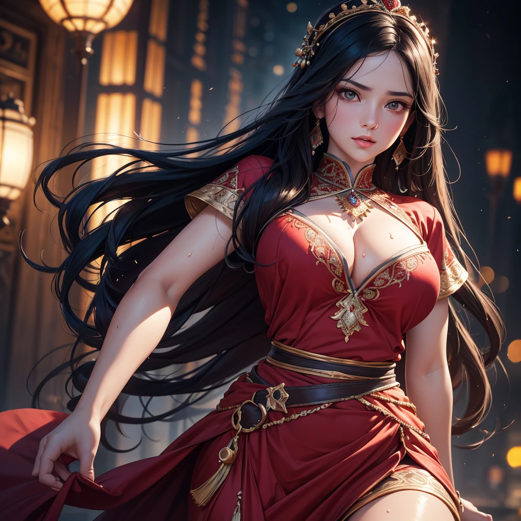 1 beautiful young uzbek princess, fitted red blouse and sharara, long wavy black hair, pale skin, visible entire body covered glistening sweat, visible sweat dripping armpits, large breasts visible, detailed facial features, (best quality,4k,8k,highres,masterpiece:1.2),ultra-detailed,(realistic,photorealistic,photo-realistic:1.37),HDR,UHD,studio lighting,ultra-fine painting,sharp focus,physically-based rendering,extreme detail description,professional,vivid colors,bokeh,portrait