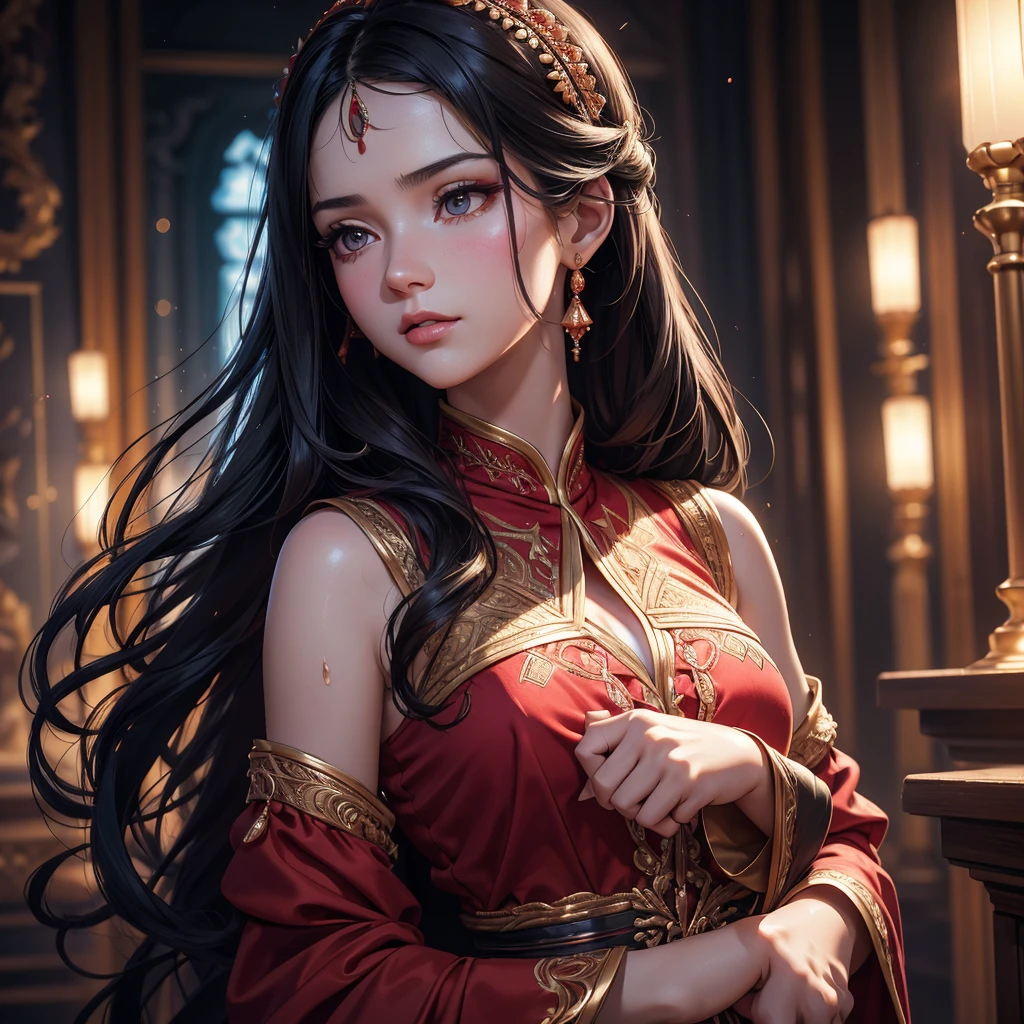 1 beautiful young uzbek princess, fitted red blouse and sharara, long wavy black hair, pale skin, visible entire body covered glistening sweat, visible sweat dripping armpits, large breasts visible, detailed facial features, (best quality,4k,8k,highres,masterpiece:1.2),ultra-detailed,(realistic,photorealistic,photo-realistic:1.37),HDR,UHD,studio lighting,ultra-fine painting,sharp focus,physically-based rendering,extreme detail description,professional,vivid colors,bokeh,portrait