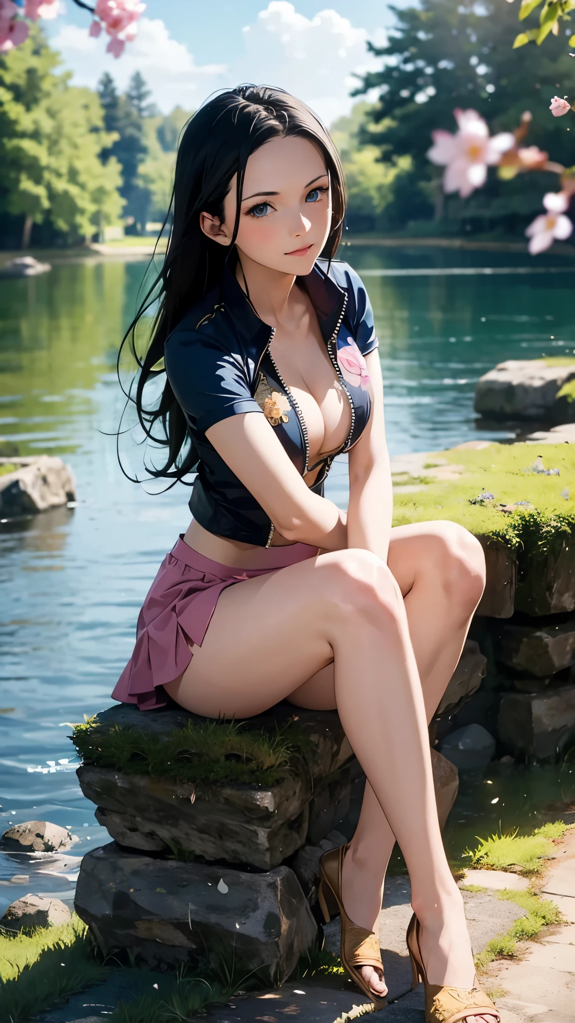 Masterpiece,1 girl, Nico robin,beautiful face, sitting on lake, stones, beautiful trees, beautiful pink petals, wearing salong skirt,blue jacket,gold ornaments, bracelets,black long hairs, beautiful blue eyes, smiling happily,