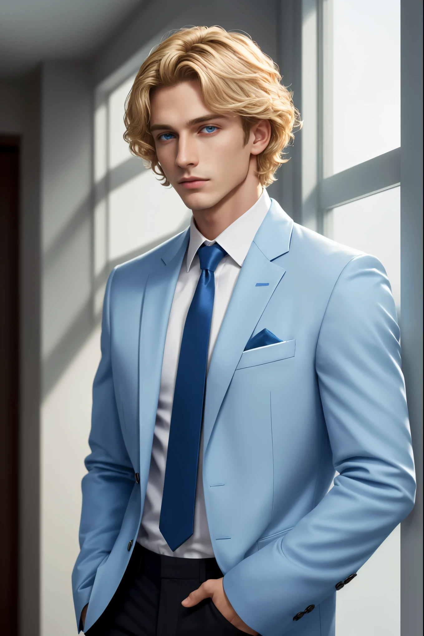 Masterpiece, Young Handsome Boy has short blonde hair, blonde hair, wavy hair, sky blue eyes, totally-clean-shave, 1boy, College Student, AS-Adult, he wears a fuchsia jacket with tie and pants, sky blue eyes, symmetrical face. wavy-hair, totally-clean-shave (Best Illustration), (beautiful-detailed eyes), (Best Quality Face, Fingers), Symmetrical, smooth, sharp focus, illustration, realistic, artstation, award winning photography, octane render, cinematic lighting from the right, hyper realism, octane render, 8k, depth of field, 3D. He has both hands in his pockets. He looks at the viewer. Full Figure. Background a castle