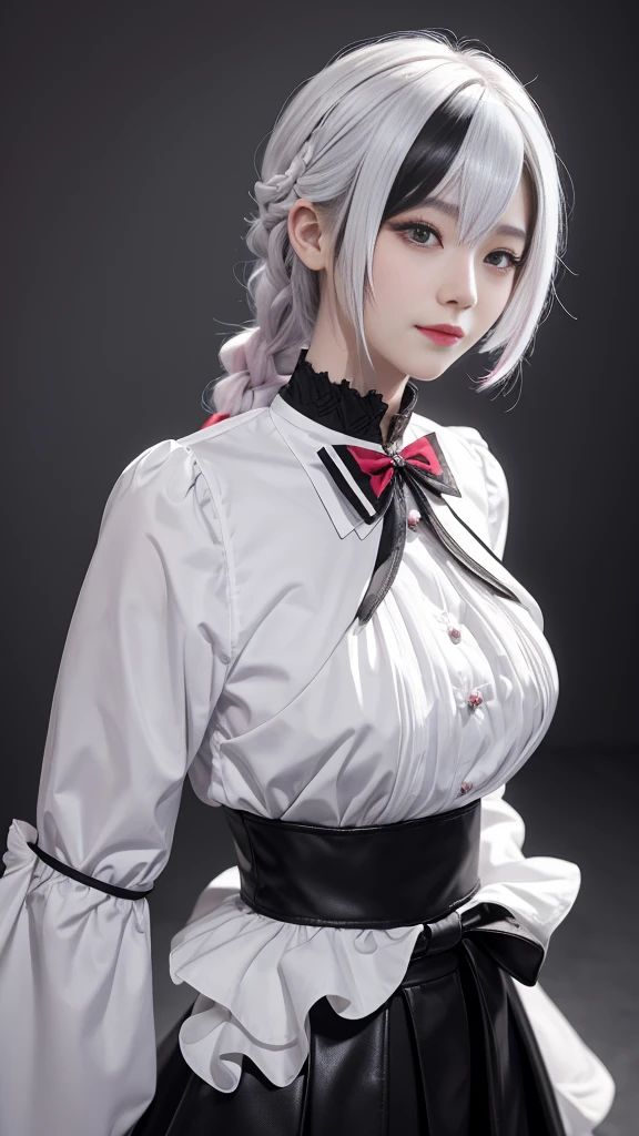 masterpiece、Top quality、8K、(Reality:1.4)、Extremely detailed、high resolution、Fine details、Solitary、Upper Body、(Genuine Leather:1.2)、beautiful girl、Sixteen years old、Perfect body、Large Breasts、cleveage、Extremely detailed的眼睛和脸部、White hair,Black Hair,Colorful hair,short hair,Straight Hair,White hair long braid,Glittering red eyes,Red X pupil(Key Points),High-quality realistic finger reproduction:1.3、Smile:1.3、(Pink Long Sleeve Ruffle Top、A black ribbon)、(black ruffles)skirt)