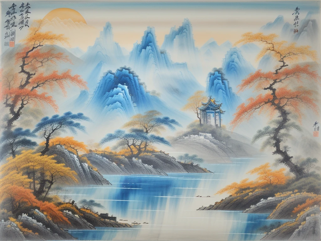huaniao，best quality,nobody,landscape painting，Blue tint