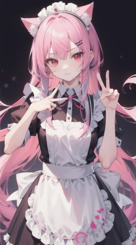 Maid clothes,Red eyes,Long Hair,Purple and pink hair color,girl,He is making a peace sign with his left hand and looking at me.,Smooth hair,Cat ear