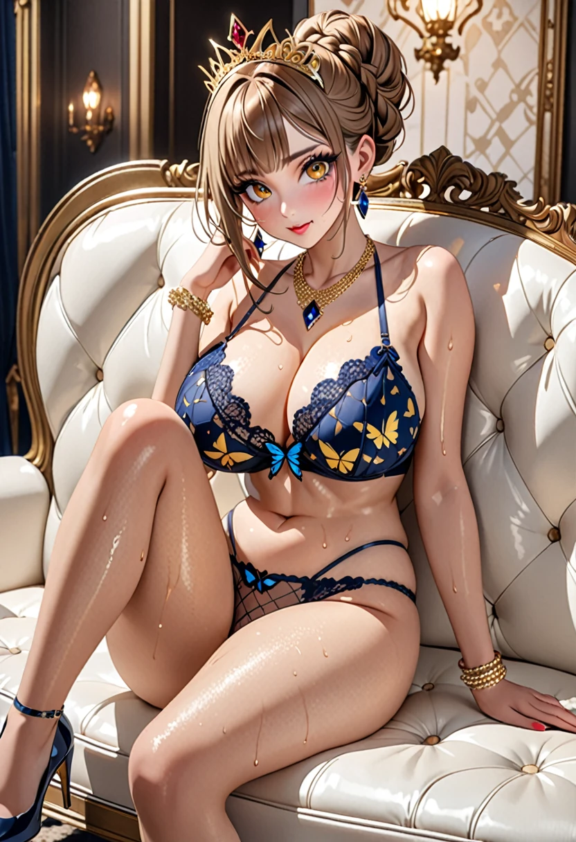 (((Highest quality, Ultra-high resolution、The most complex and detailed depiction)))、((masterpiece:1.3)), (8k, RAW Photos, Best image quality: 1.4), (Very detailedな顔、Attention to detail、Cute woman:1.4),(Realistic:1.4) (8k, RAW Photos,), (photo-Realistic:1.4), Very detailed, Beautiful attention to detail, (girl:1.3)、(Embarrassing、He looks at me with a sad expression、Ecstatic expression，blush)、(Dark eyeliner、Eyelash length、False eyelashes、double eyelid),((Brown eyes)),(hostess:1.2)，((Yellow and navy blue butterfly pattern bra)、(Yellow and navy blue butterfly pattern panties))、(Gorgeous ruby necklace、Large gold earrings)、(Gold bracelet、A gorgeous gold tiara studded with jewels)、((Sheer black lace dresesh fabric、Fishnet tights),(Black opera gloves))、(High heels),(Huge breasts:1.6)、(Cleavage:1.2)、(((Light brown hair、Braided Hair、((Tie your hair up，Give hair))、Gal-style makeup、(Dark eyeliner、Black eyeliner、Heavy eye makeup、Eyelash length、False eyelashes、Eyelash length)、Slit eyes、Large pupils、elongated nose、Heavy makeup、Face with gills、(((Perfect Style)))、Spread your legs座る、Spread your legs、(Saggy breasts、Large saggy breasts)、((Sweat、Your body is wet))、(((Luxurious white sofa、Spread your legs座っている)))