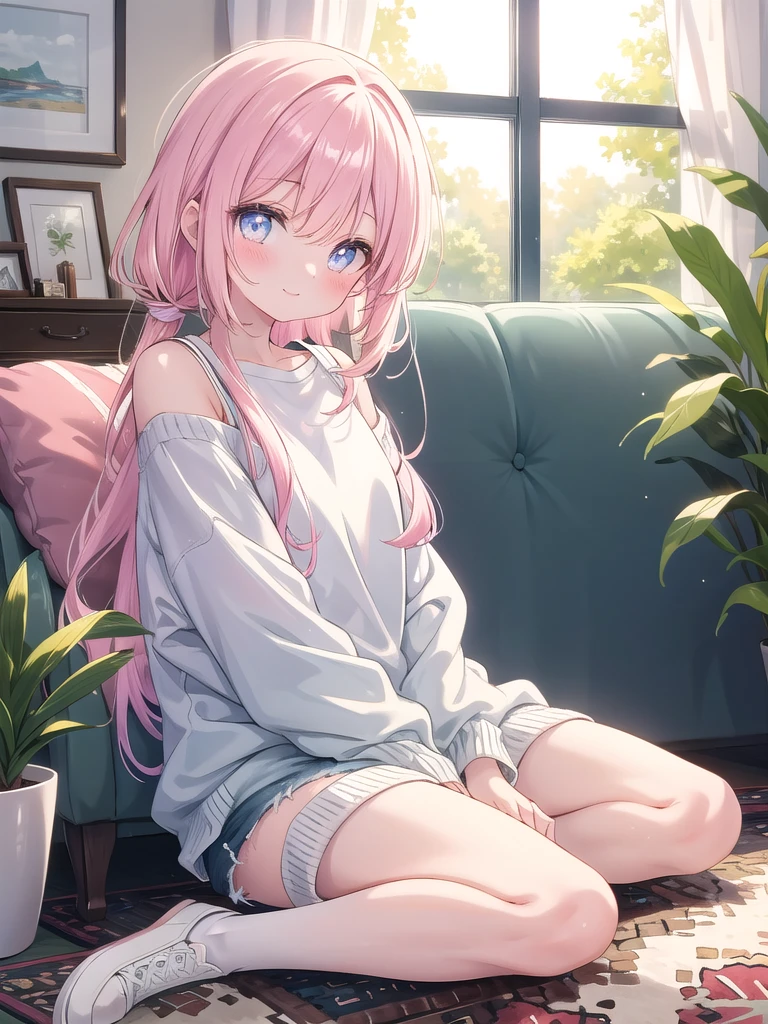 ((8k, best quality, master piece: 1.3)),super high resolution,(1 girl, solo), (colorshift eyes, hyperdetailed, expressive sparkling, glitter, glowing eyes), ultra detailed eyes, ultra-detailed face, random hair, ((pastel color)),A woman sitting cutely in a split-legged seat. The background is a living room with a calm interior, decorated in warm, natural colors. The walls of the room are cream-colored, and soft natural light pours in through the window, brightening the entire room. A fluffy rug is laid out in the center of the living room, and a sofa is placed on top of it. There are several colorful cushions on the sofa. The woman is dressed in a simple, yet casual outfit that accentuates her cuteness. She is wearing a soft pink sweater, light blue denim shorts, and simple white sneakers on her feet. The sweater is a slightly loose design with ribbed cuffs and hem, giving an overall relaxed impression. The shorts are light, and complement her casual yet cute style. Her hairstyle is shoulder-length and characterized by soft, straight hair. Her hair is pastel colored and lightly curled inward. Her face has a bright smile and her eyes are large and bright, giving her an innocent and cute impression. She is posed sitting on a rug with her legs spread apart. In the wariza position, her legs are spread apart and her knees are slightly bent, balancing her body. Her hands are lightly resting on her knees, and she is relaxed in a comfortable position. The natural posture emphasizes her cuteness and sense of relaxation. In the background, there are art and posters hanging on the wall, and small plants and miscellaneous items lined up on the shelves, giving the whole room a sense of warmth and individuality. The angle of the shot is set so that her entire body is visible, and the wariza position and the interior of the living room are depicted in detail.