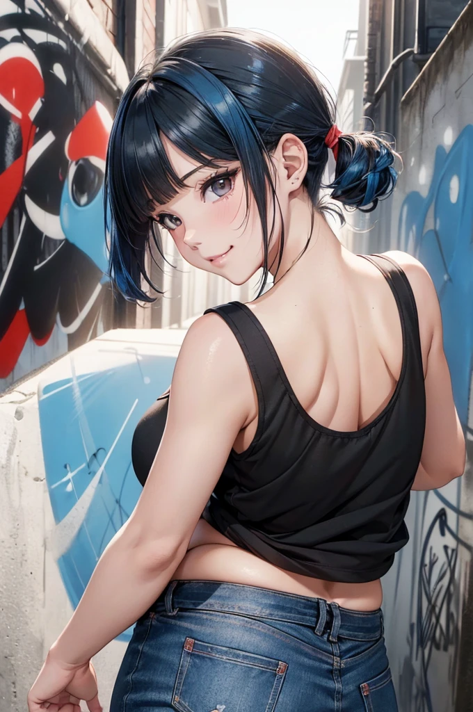 Absurd, Super detailedな,(In 8K:1.3),Masseter muscle area,(masterpiece:1.2)、(Highest quality)、4K、Super detailed、(Movement Structure:1.4)、(Shining Lights、Atmosphere lighting), High resolution, Best Quality、(One girl:1.4),Super detailedな,Bright colors、Treebreak Production Art、(Warm color light source:1.2),High-level image quality、Fine image quality、Intricate details,Volumetric Lighting,Realism BREAK、Profile、 Idol face、(16 years old:1.4)、Very beautiful face and eyes, Beautiful images、natural make up、 (shoot from below:1.4)、 (from behind:1.2)、 ( big eyes:1.2),(mascara:1.4), (Big Tits:1.4)、(curvy body:1.3)、(glossy skin :1.5)、(Baby Face:1.5)、(nice butt:1.2)、 (Swayback stance:1.2)、 (graffiti:1.4)、 (light blue hair,short hair、blunt bangs、twintails、Red ribbon:1.2)、 (black、Tank top:1.3),(detailed clothes features、Low rise jeans)、 (smirk:1.2),(is:1.3)、(leaning forward:1.1)