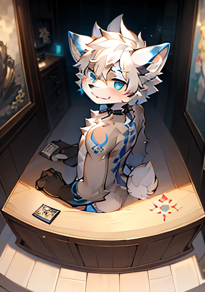 (Dark Environment:0.3),masterpiece,high quality,Abstract research,number(Considerso,Fluffy fur,character focus:1.1),Considerso male cat,short hair,portrait , Bright eyes, panoramic,  独奏, hairy, hairy male, Male focus, Considers,(Hairy all over, Hairy tail, Gray fur, Blue eyes, White hair:1.2), (Rabbit animals、exhibit、Tattoo：0.8），